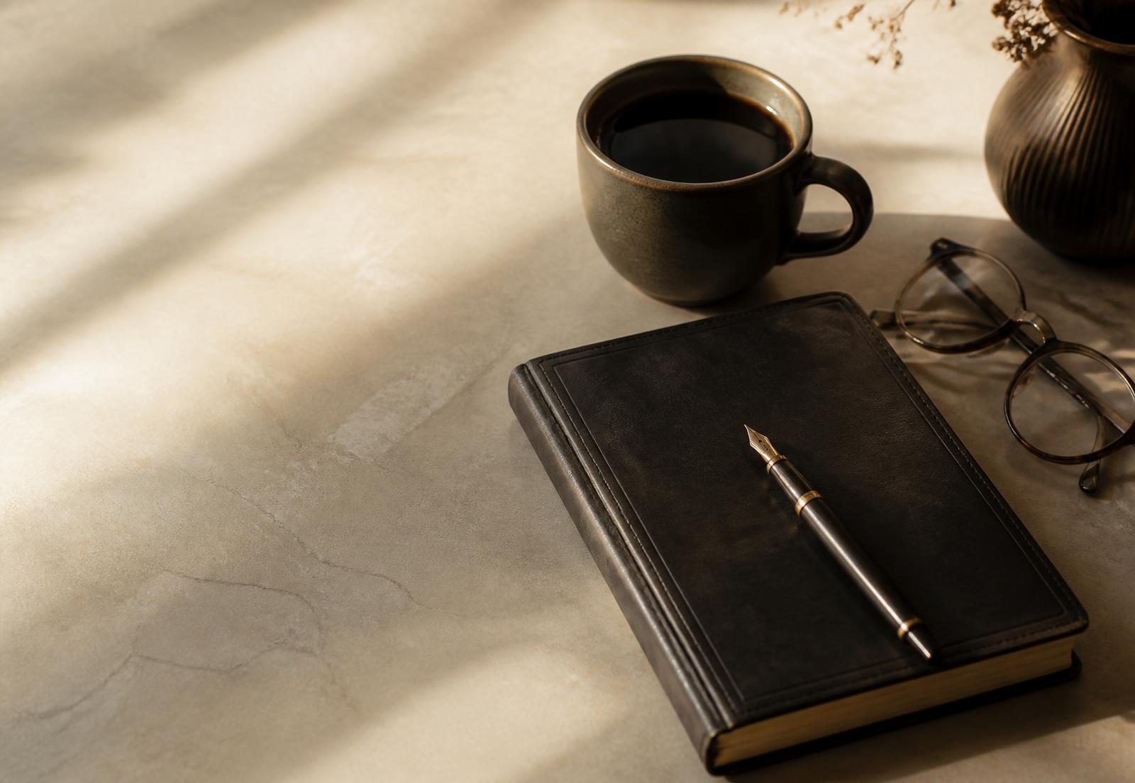 A leather notebook, fountain pen and coffee on a sunlit desk